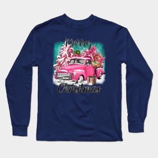 Pink rustic truck, vintage Christmas truck, merry Christmas, pink Christmas Long Sleeve T-Shirt